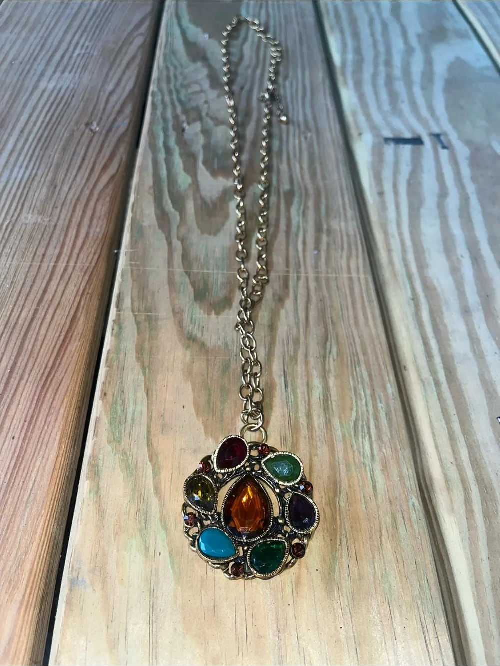 Vintage Gold Tone Multi Stone Statement Pendant necklace